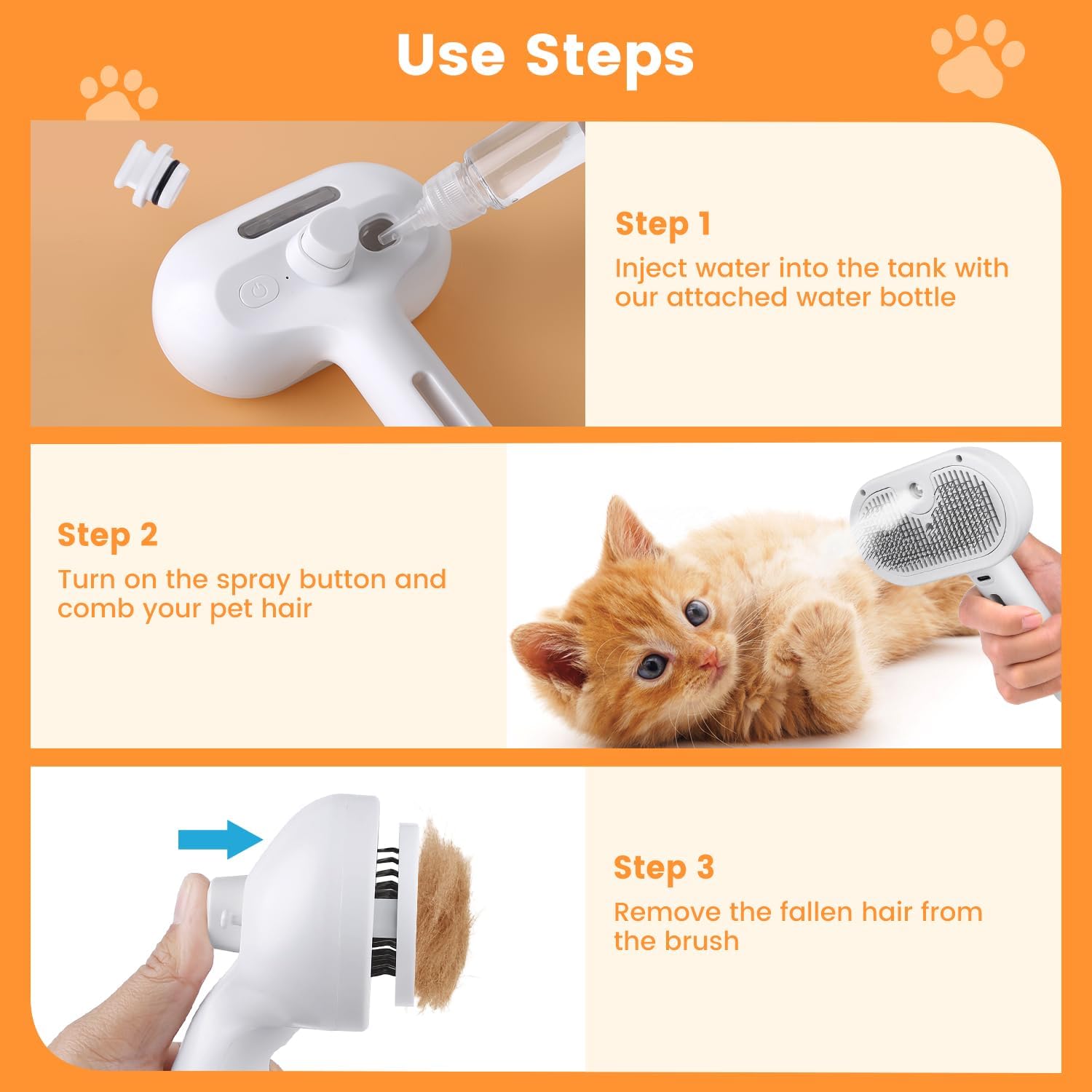 3-in-1 Pet Steam Brush with Mist Spray & Hair Removal for Cats and Dogs